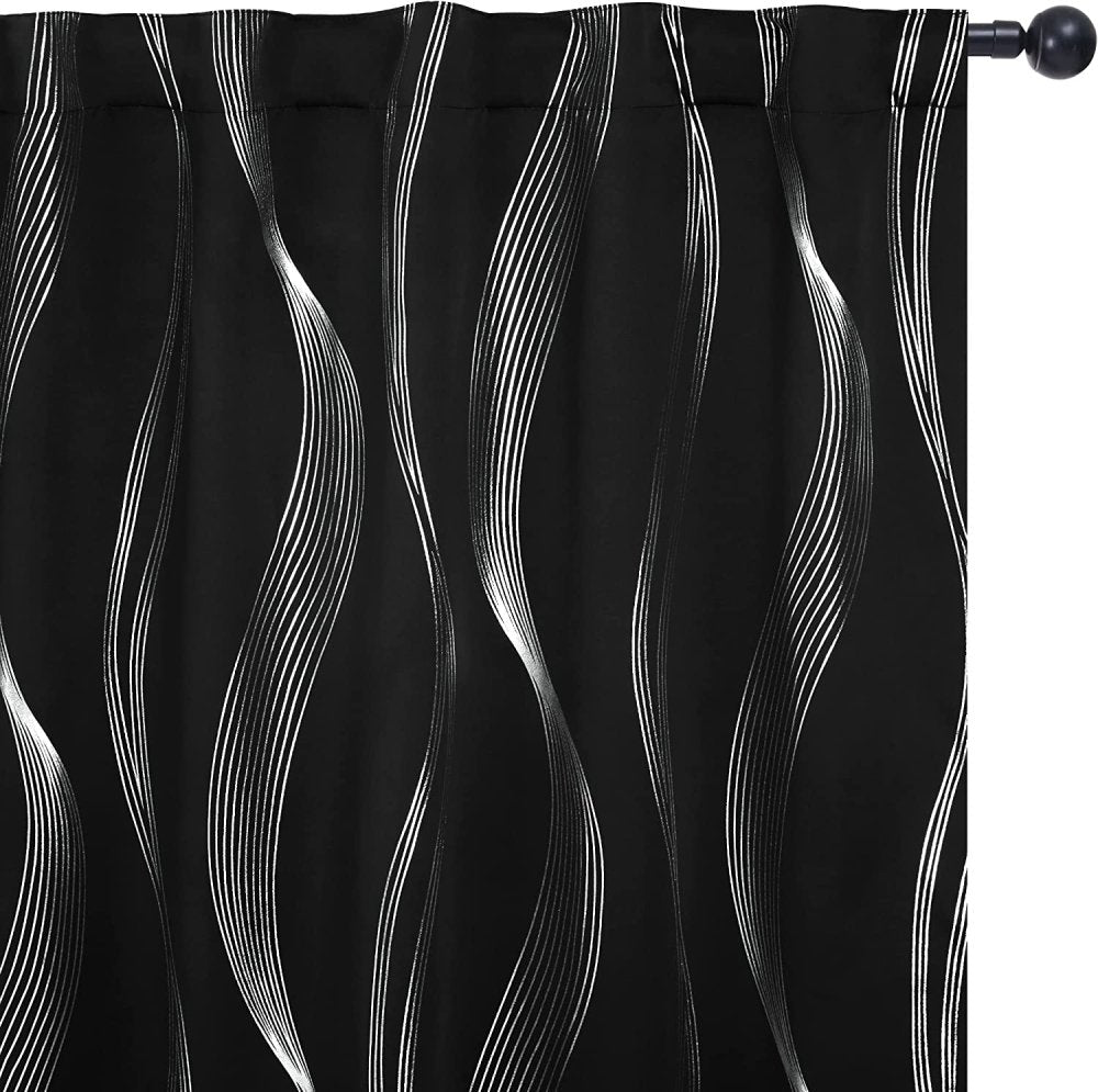 Deconovo Blackout Curtains, Living Room Curtains, Bedroom Curtains & Drapes, Silver Stripe Printed Rod Pocket and Back Tab Curtain for Nursery Room, 42W x 63L Inch, Black, 2 Panels - Deconovo US