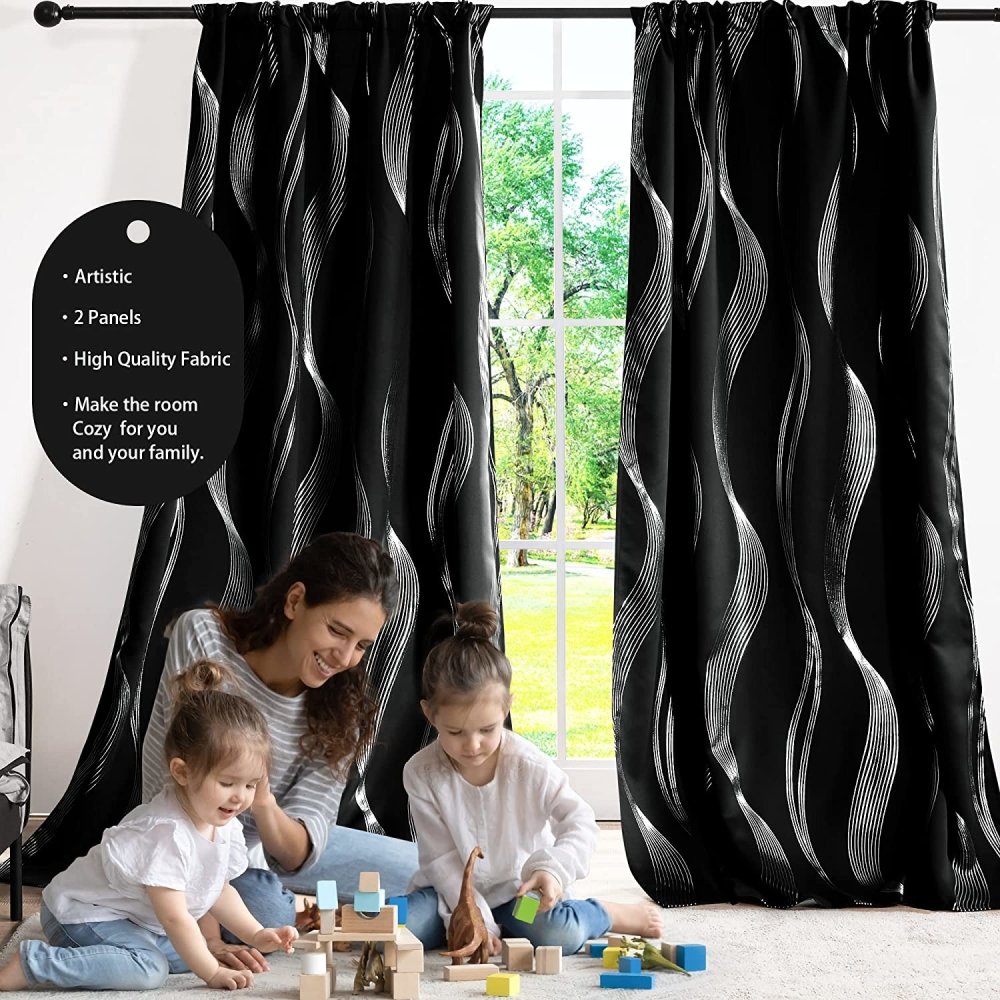 Deconovo Blackout Curtains, Living Room Curtains, Bedroom Curtains & Drapes, Silver Stripe Printed Rod Pocket and Back Tab Curtain for Nursery Room, 42W x 63L Inch, Black, 2 Panels - Deconovo US