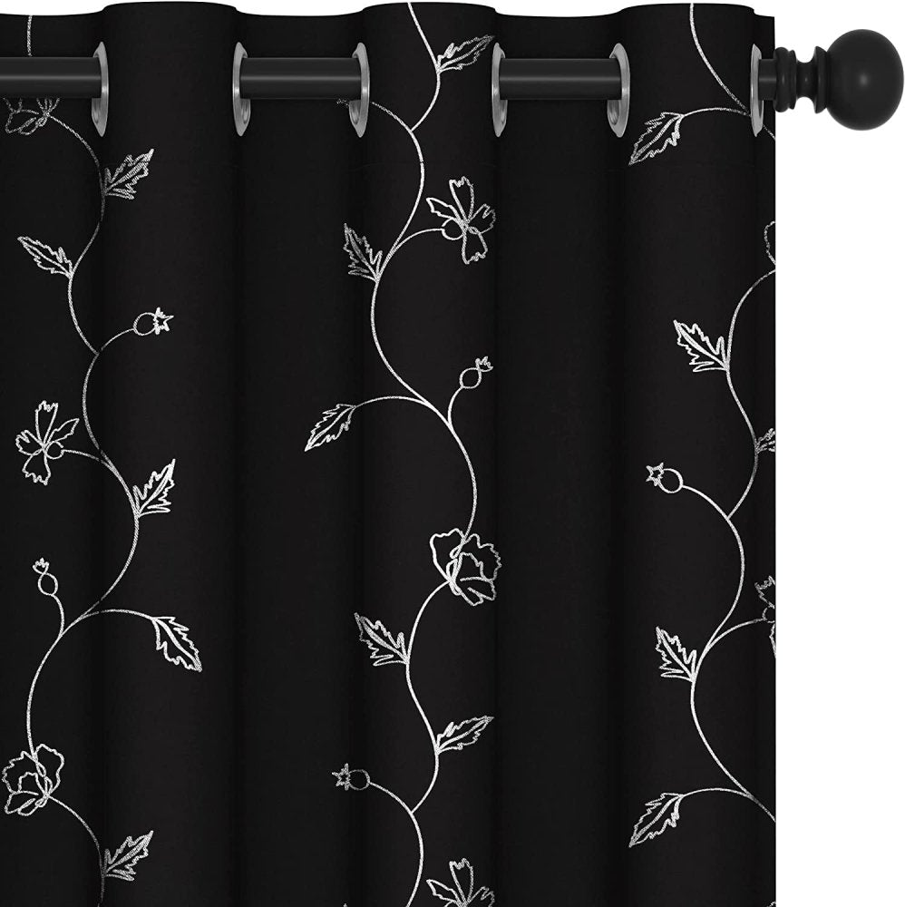 Deconovo Total Black Blackout Curtains, Curtains 63 Inch Length 2 Panels, Silver Wave with Flower Leaf Foil Printed Curtain, Light Blocking Curtains for Bedroom, 52 x 63 Inch - Deconovo US