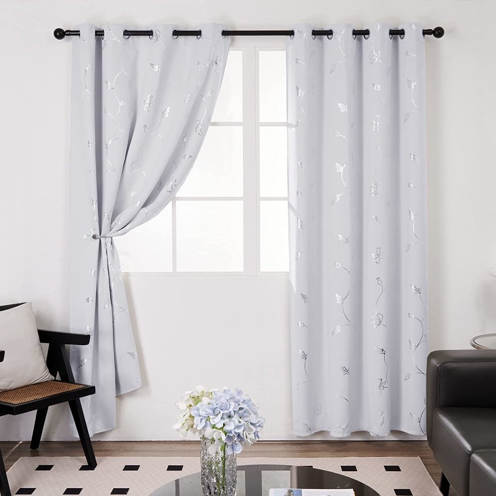 Deconovo Total Black Blackout Curtains, Curtains 63 Inch Length 2 Panels, Silver Wave with Flower Leaf Foil Printed Curtain, Light Blocking Curtains for Bedroom, 52 x 63 Inch - Deconovo US