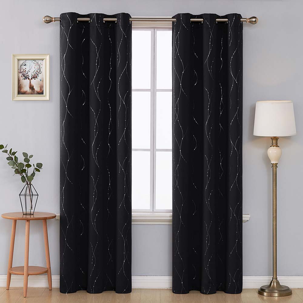 Dotted Silver Wave Geometric Patterned Grommet Blackout Thermal Curtains | Noise Reducing Deconovo 2 Panels - Deconovo US