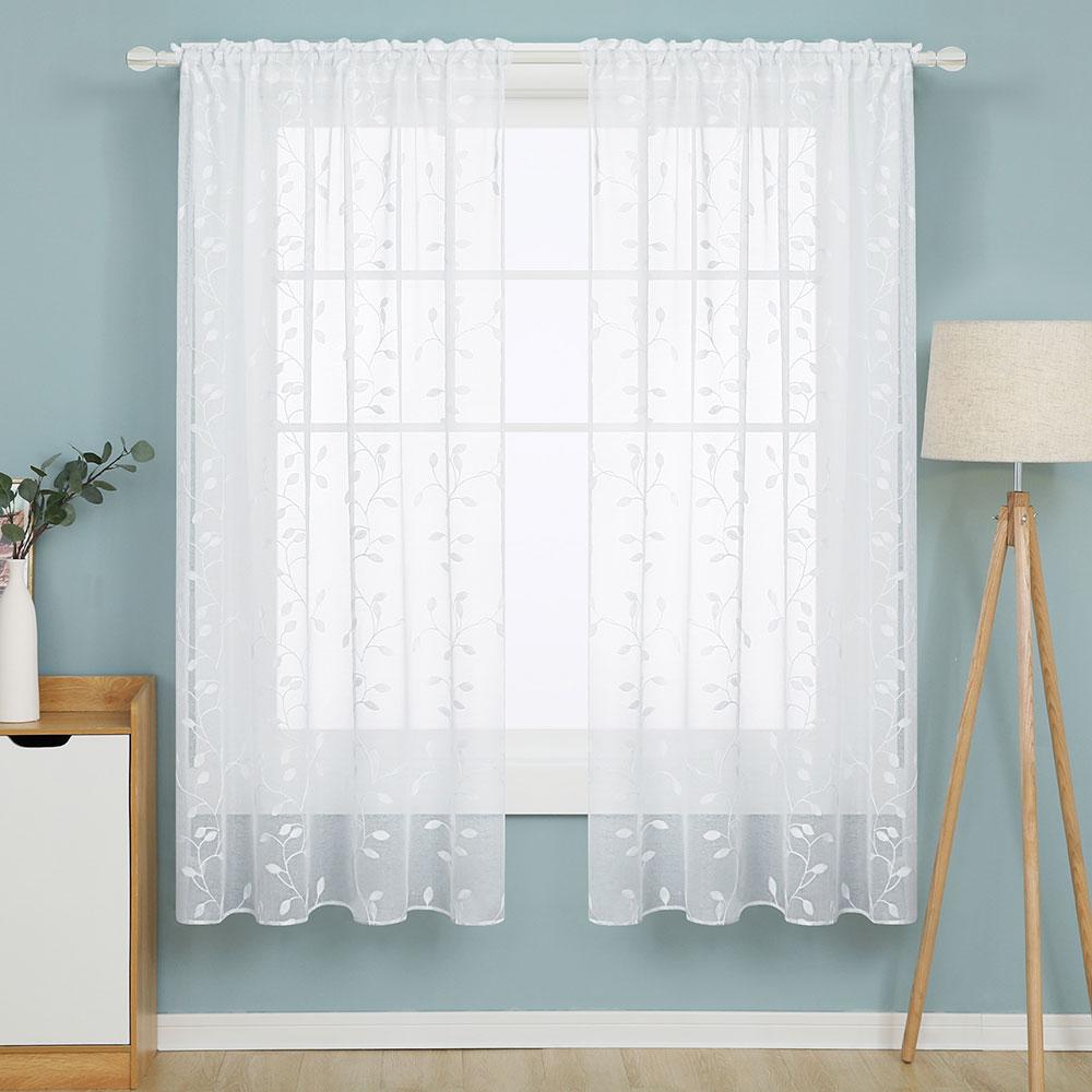 Floral Sheer Curtains with Leaf Pattern-Rod Pocket-2 Panels - Deconovo US