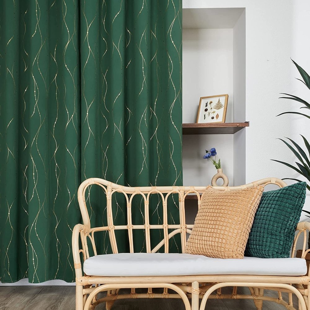 Geometric Dotted Gold Line Blackout Window Curtain | Grommet/Eyelet Blockout Drapes | Ready Made Deconovo | 2 Panels - Deconovo US