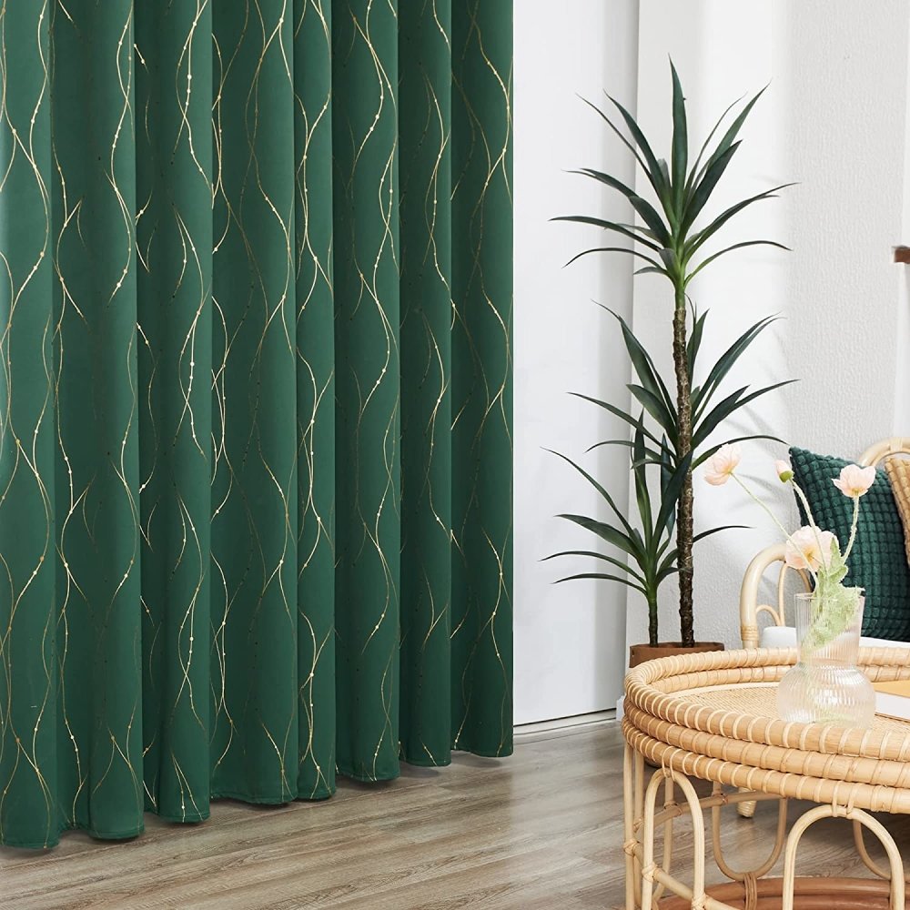 Geometric Dotted Gold Line Blackout Window Curtain | Grommet/Eyelet Blockout Drapes | Ready Made Deconovo | 2 Panels - Deconovo US
