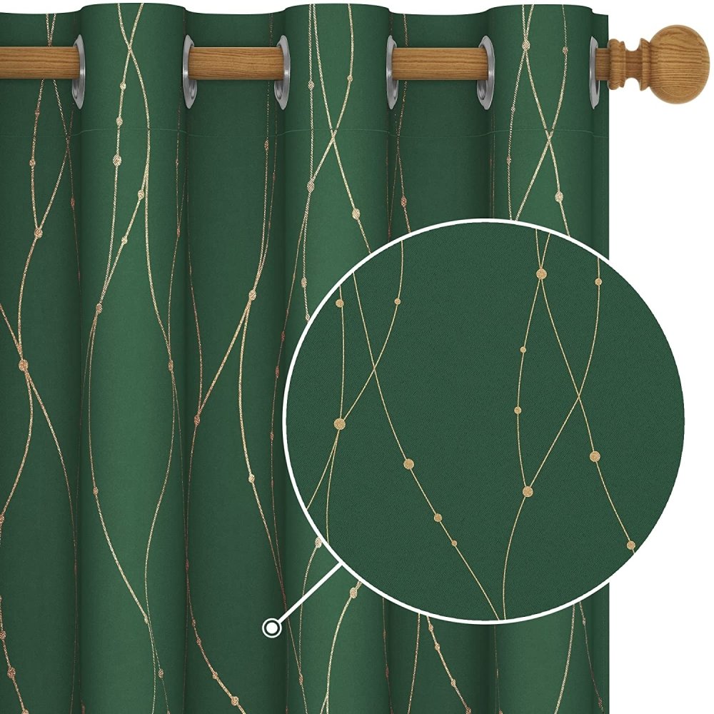 Geometric Dotted Gold Line Blackout Window Curtain | Grommet/Eyelet Blockout Drapes | Ready Made Deconovo | 2 Panels - Deconovo US
