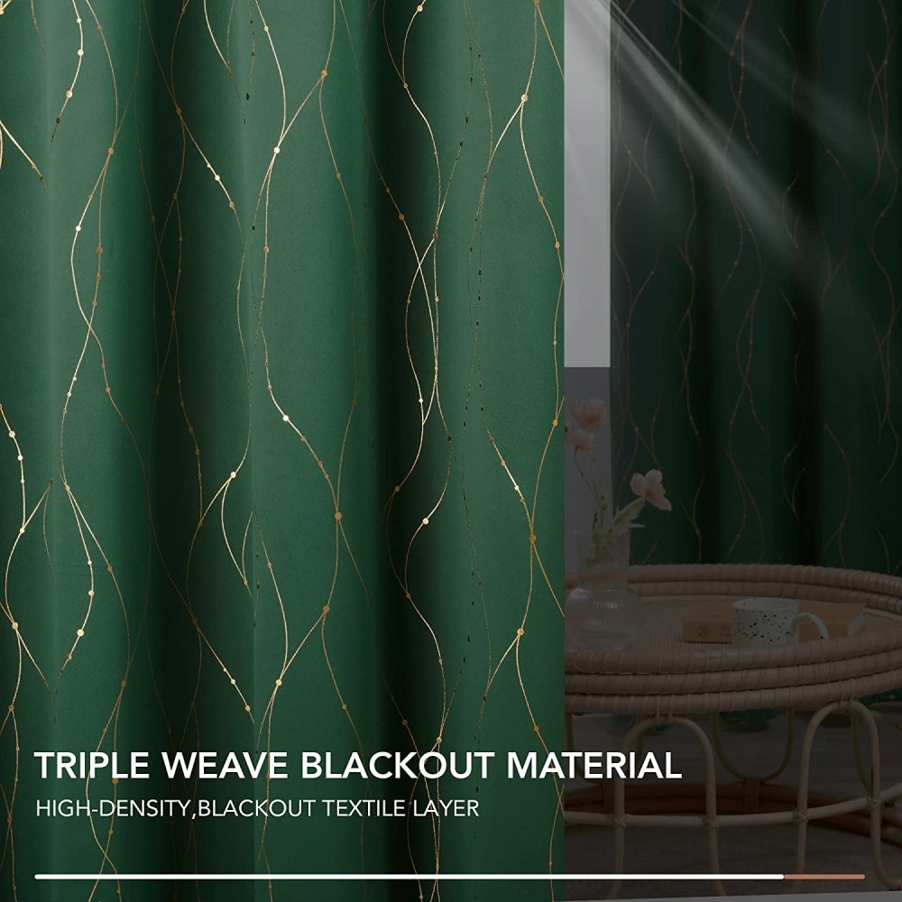 Geometric Dotted Gold Line Blackout Window Curtain | Grommet/Eyelet Blockout Drapes | Ready Made Deconovo | 2 Panels - Deconovo US