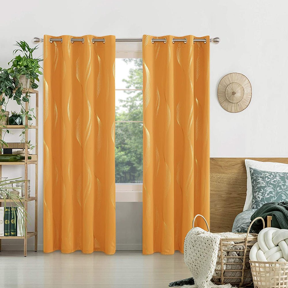 Girls Decorative Golden Striped Blackout Curtains | Grommet / Eyelets | Ready Made Deconovo | 2 Panels - Deconovo US
