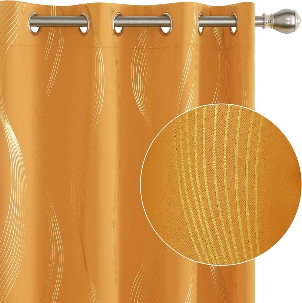 Girls Decorative Golden Striped Blackout Curtains | Grommet / Eyelets | Ready Made Deconovo | 2 Panels - Deconovo US