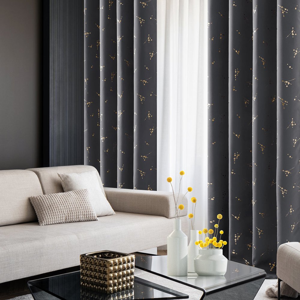 Gold Constellation Pattern Blackout Grommet Curtains | Room Darkening Window Drapes | Deconovo 2 Panels - Deconovo US