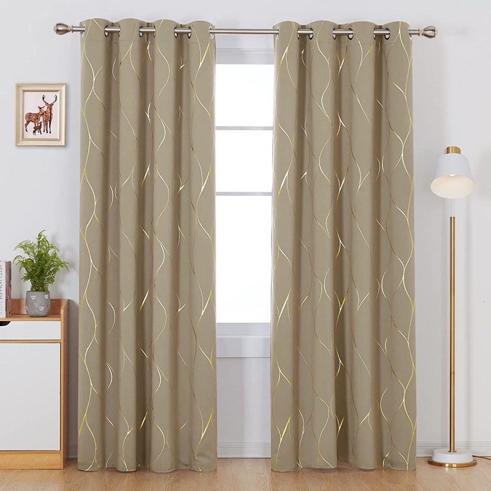 Gold Foil Printed Wave Pattern Thermal Insulated Blackout Curtains - Grommet - 2 Panels