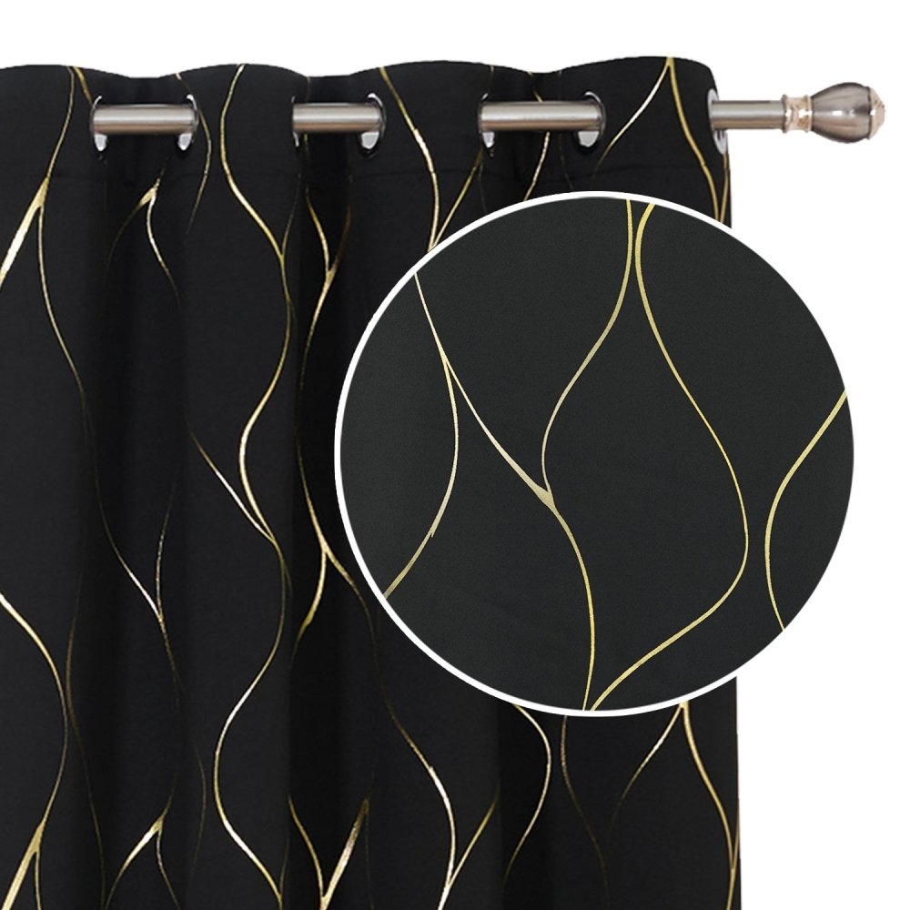 Gold Foil Printed Wave Pattern Thermal Insulated Blackout Curtains - Grommet - 2 Panels - Deconovo US