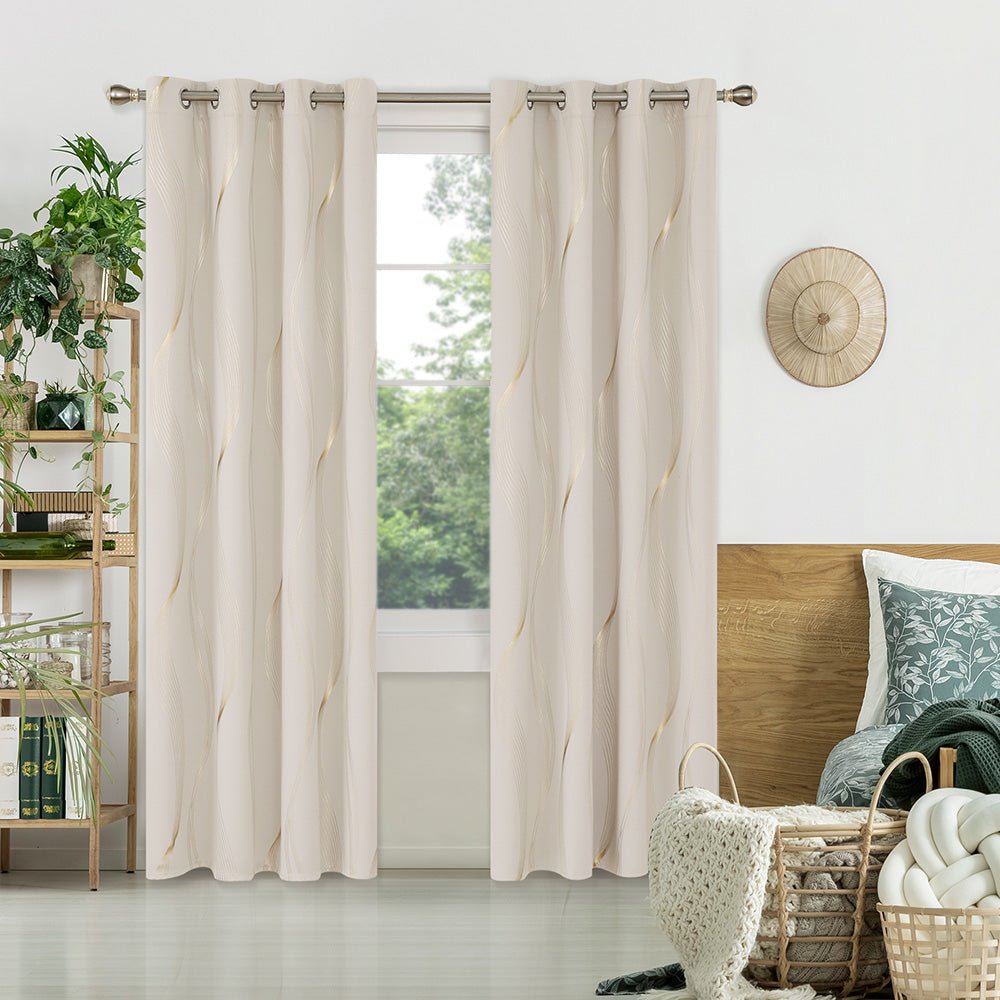Gold Wave Stripe Pattern Thermal Insulated Blackout Curtains - Grommet - 2 Panels - Deconovo US