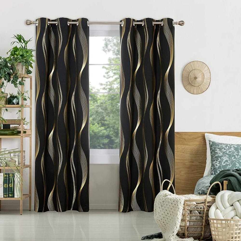 Gold Wave Stripe Pattern Thermal Insulated Blackout Curtains - Grommet - 2 Panels - Deconovo US