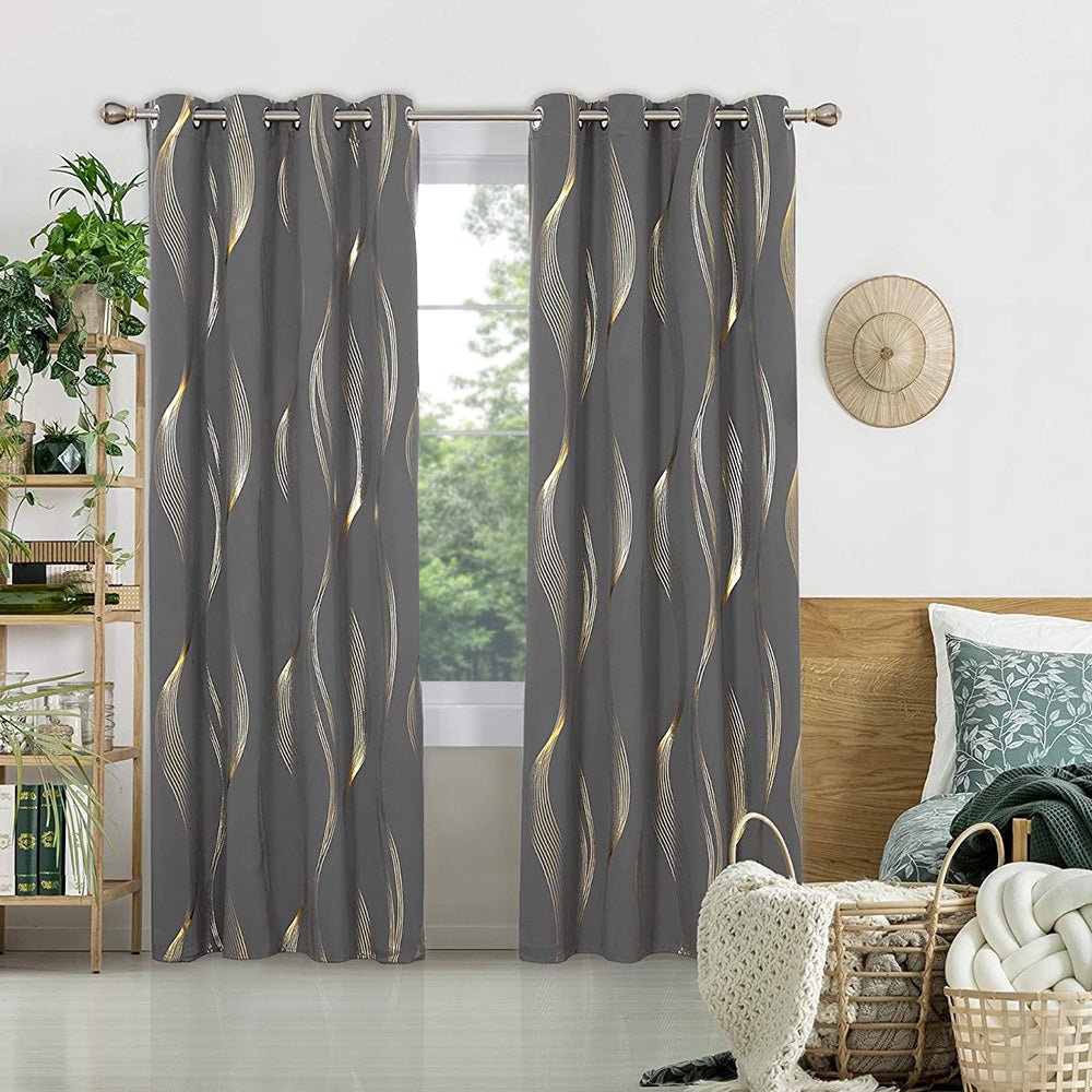 Gold Wave Stripe Pattern Thermal Insulated Blackout Curtains - Grommet - 2 Panels - Deconovo US