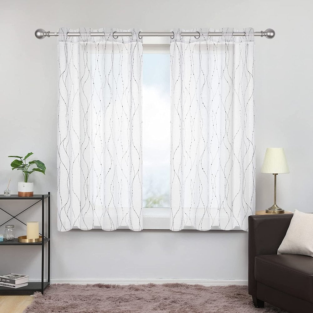 Indoor Outdoor Sheer Curtains with Foil Printed Wave Line with Dots Pattern-Linen Look-Grommet-2 Panels