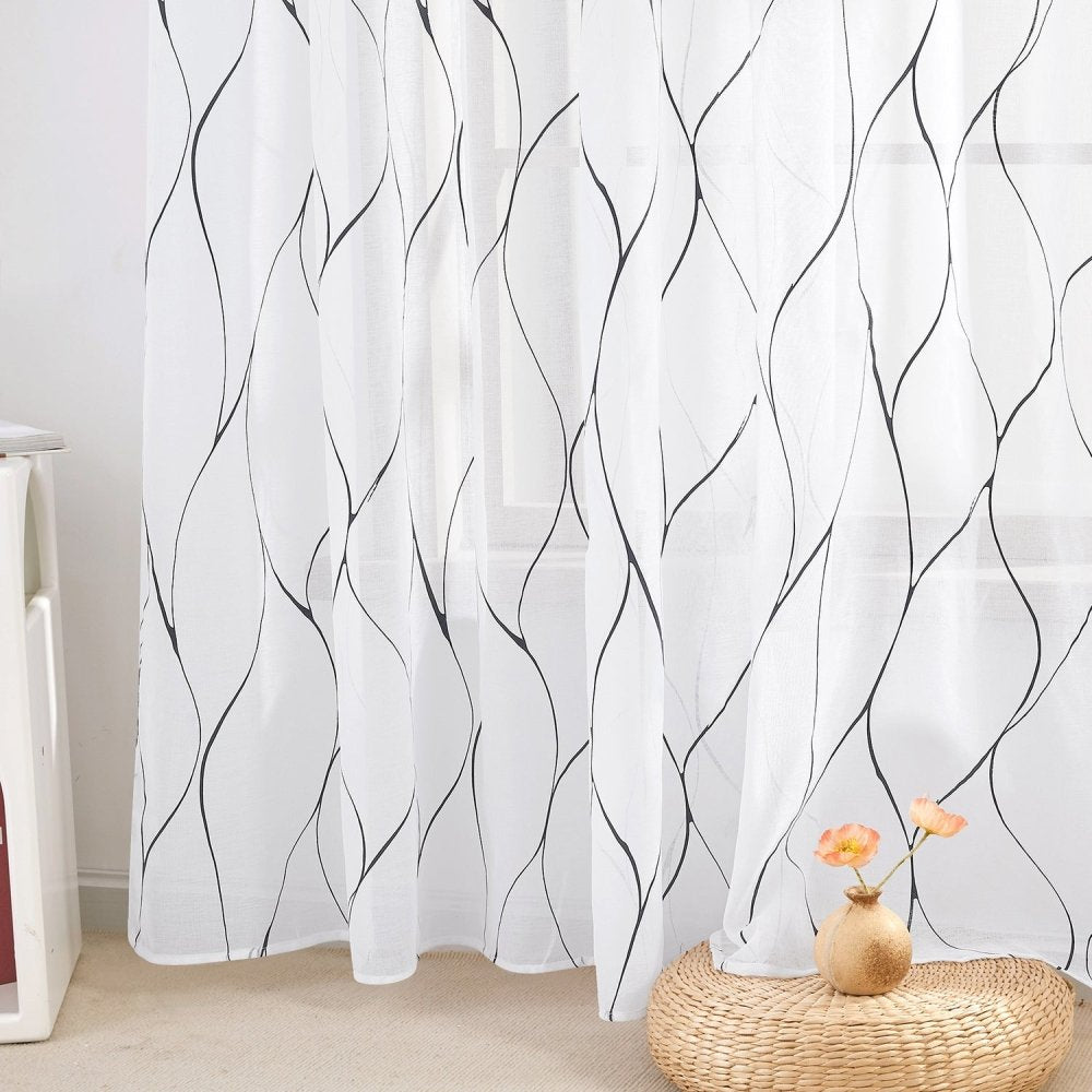 Sheer Linen Curtains - Geometric Pattern, Natural Light Filtering Net Drapes, Grommet Sheers | Deconovo 2 Panels - Deconovo US