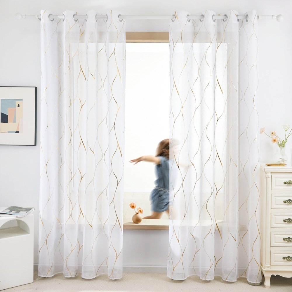 Sheer Linen Curtains - Geometric Pattern, Natural Light Filtering Net Drapes, Grommet Sheers | Deconovo 2 Panels - Deconovo US