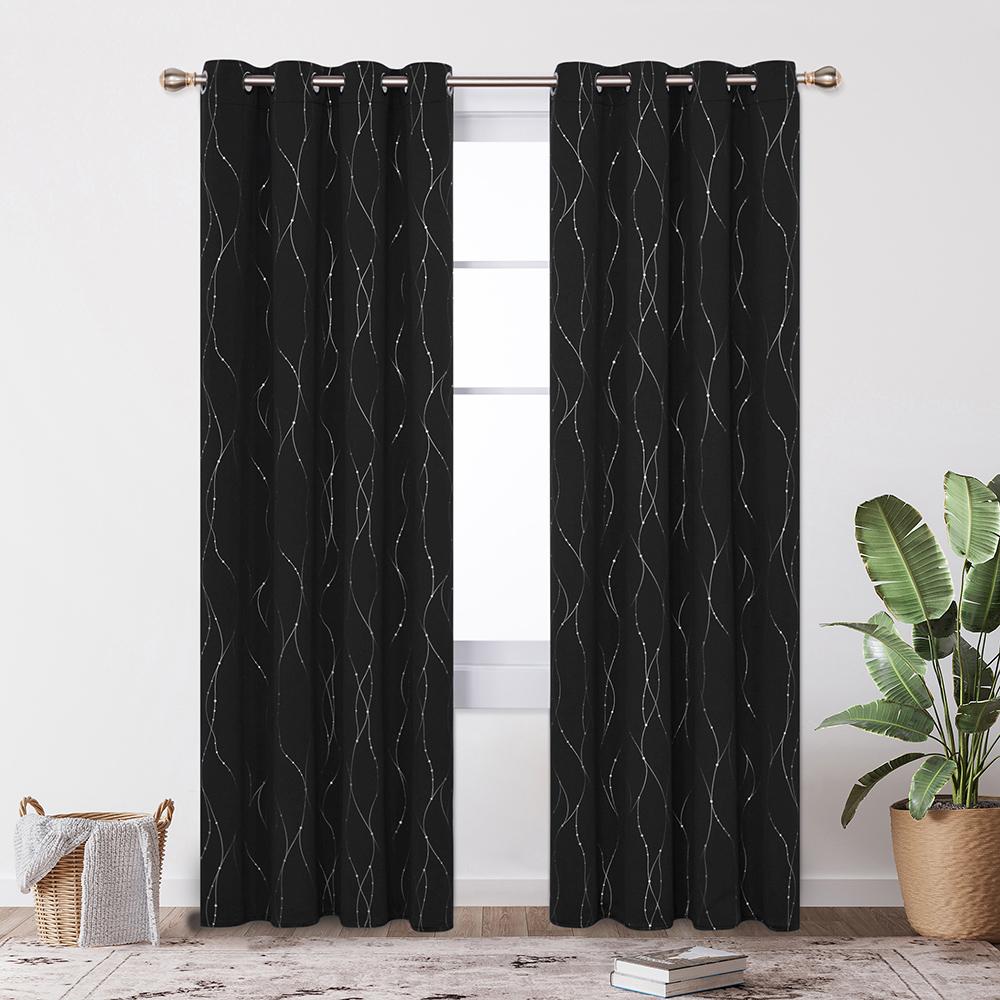 Silver Wave Line and Dots Pattern Blackout Curtains - Grommet - 2 Panels - Deconovo US