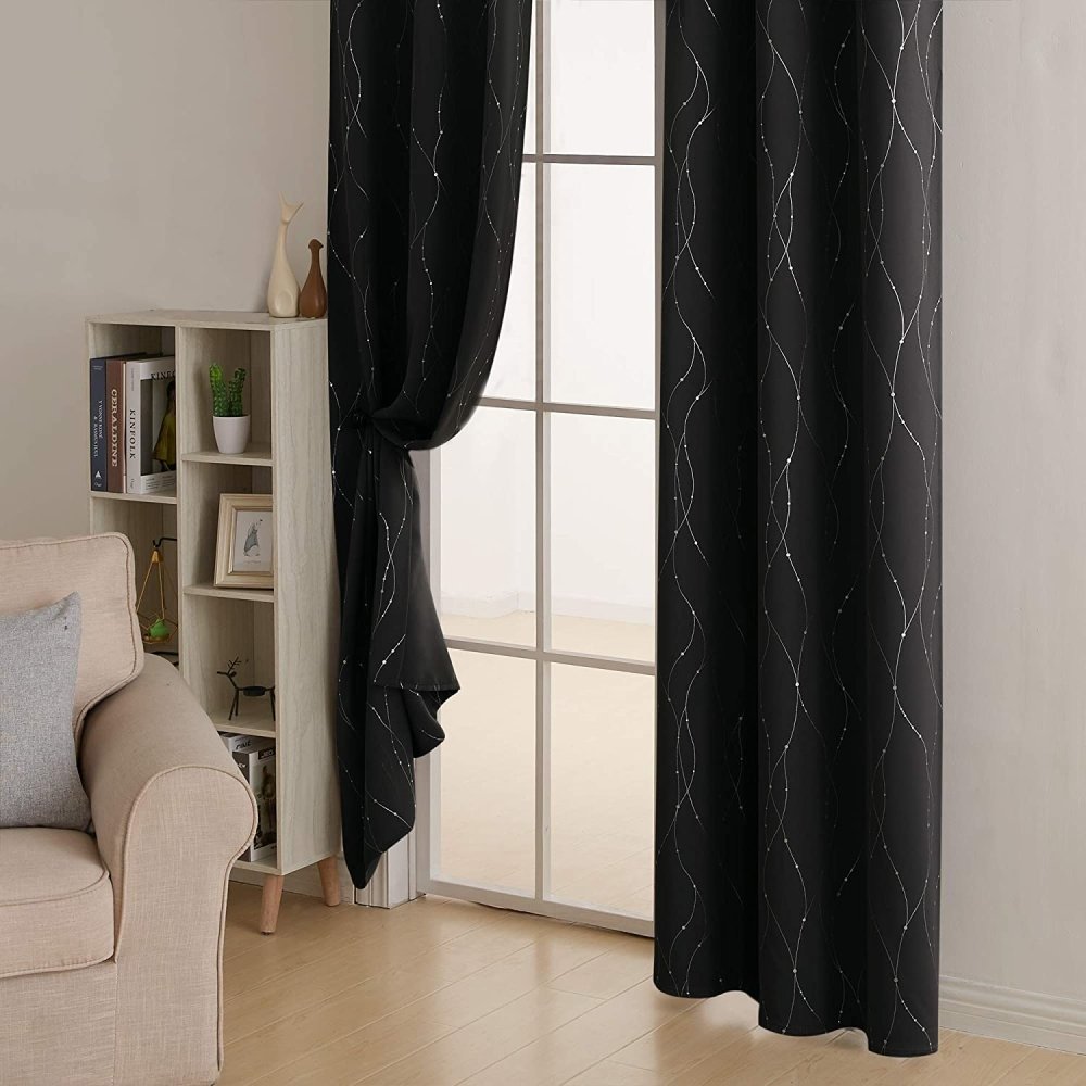 Silver Wave Line with Dots Blackout Curtain - Grommet - 2 Panels - Deconovo US