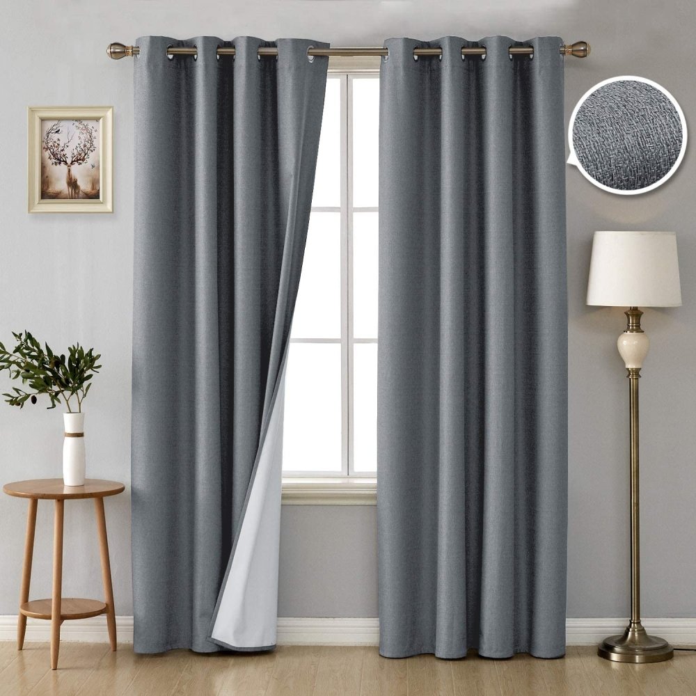 Solid Color Thermal Insulated Blackout Curtains with 3 Pass Coating-Faux Linen-Grommet-2 Panels - Deconovo US