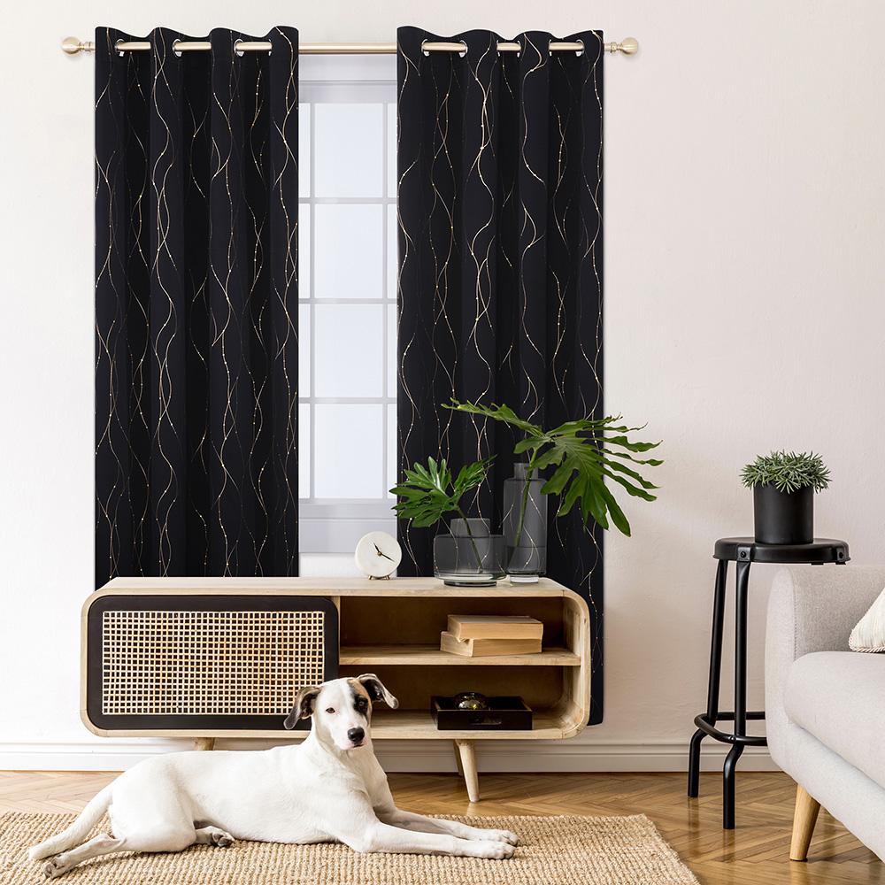 Thermal Blackout Curtains | Geometric Winter Insulated Gold Dotted Striped Grommet/Eyelets | 2 Panels Deconovo - Deconovo US