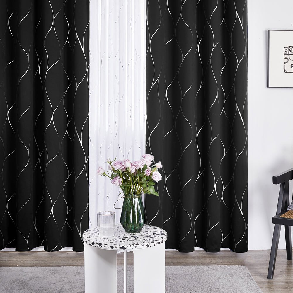 Thermal Insulated Geometric Blackout Curtains - Silver Wave Pattern, Grommet Room Darkening Drapes | 2 Deconovo Panels - Deconovo US