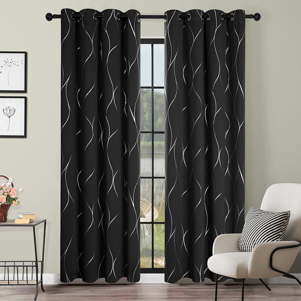 Thermal Insulated Geometric Blackout Curtains - Silver Wave Pattern, Grommet Room Darkening Drapes | 2 Deconovo Panels - Deconovo US