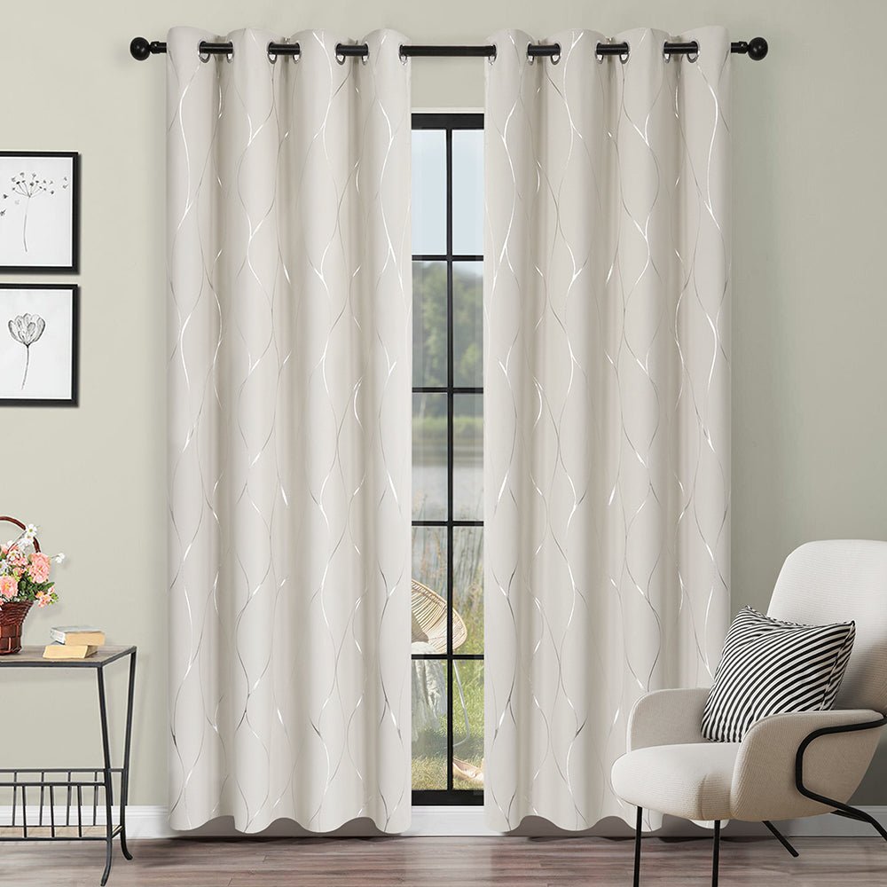 Thermal Insulated Geometric Blackout Curtains - Silver Wave Pattern, Grommet Room Darkening Drapes | 2 Deconovo Panels - Deconovo US