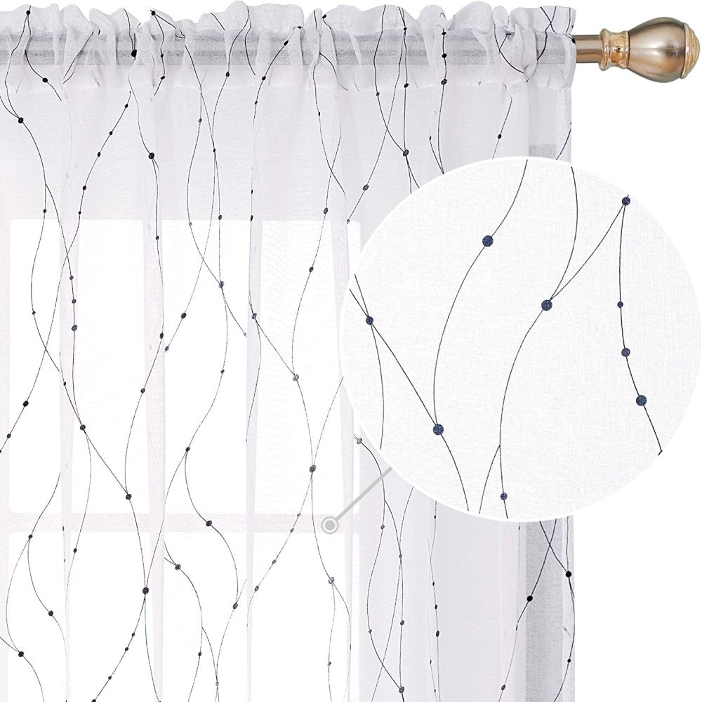 Wave and Dots Pattern Sheer Curtains-Rod Pocket-2 Panels - Deconovo US