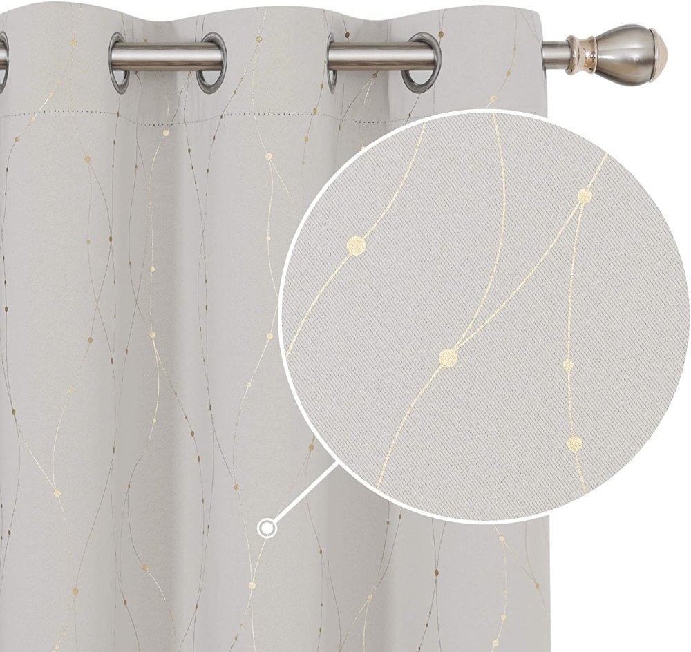 Wave Line with Dots Gold Foil Print Blackout Curtains - Grommet - 2 Panels - Deconovo US
