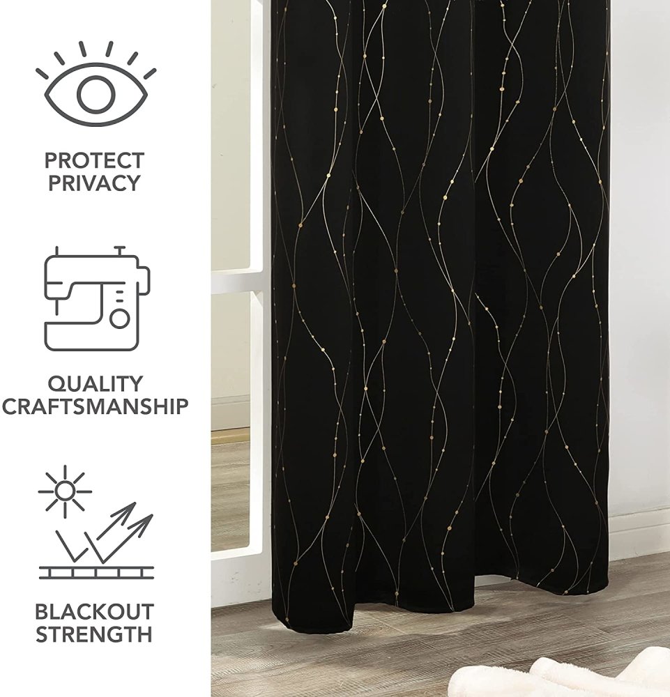 Wave Line with Dots Gold Foil Print Blackout Curtains - Grommet - 2 Panels - Deconovo US